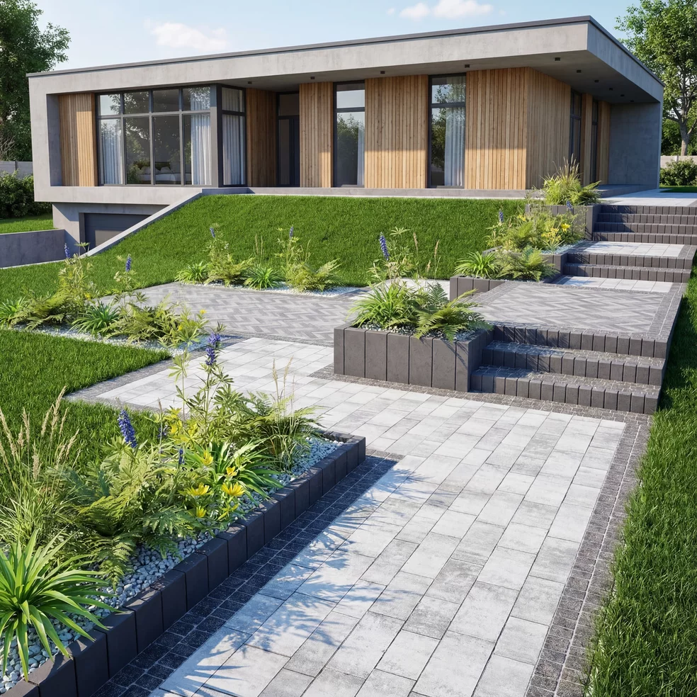 Polbruk Hestra 2 – grafitowe palisady betonowe przy schodach, rabatach i nawierzchniach nowoczesnego ogrodu