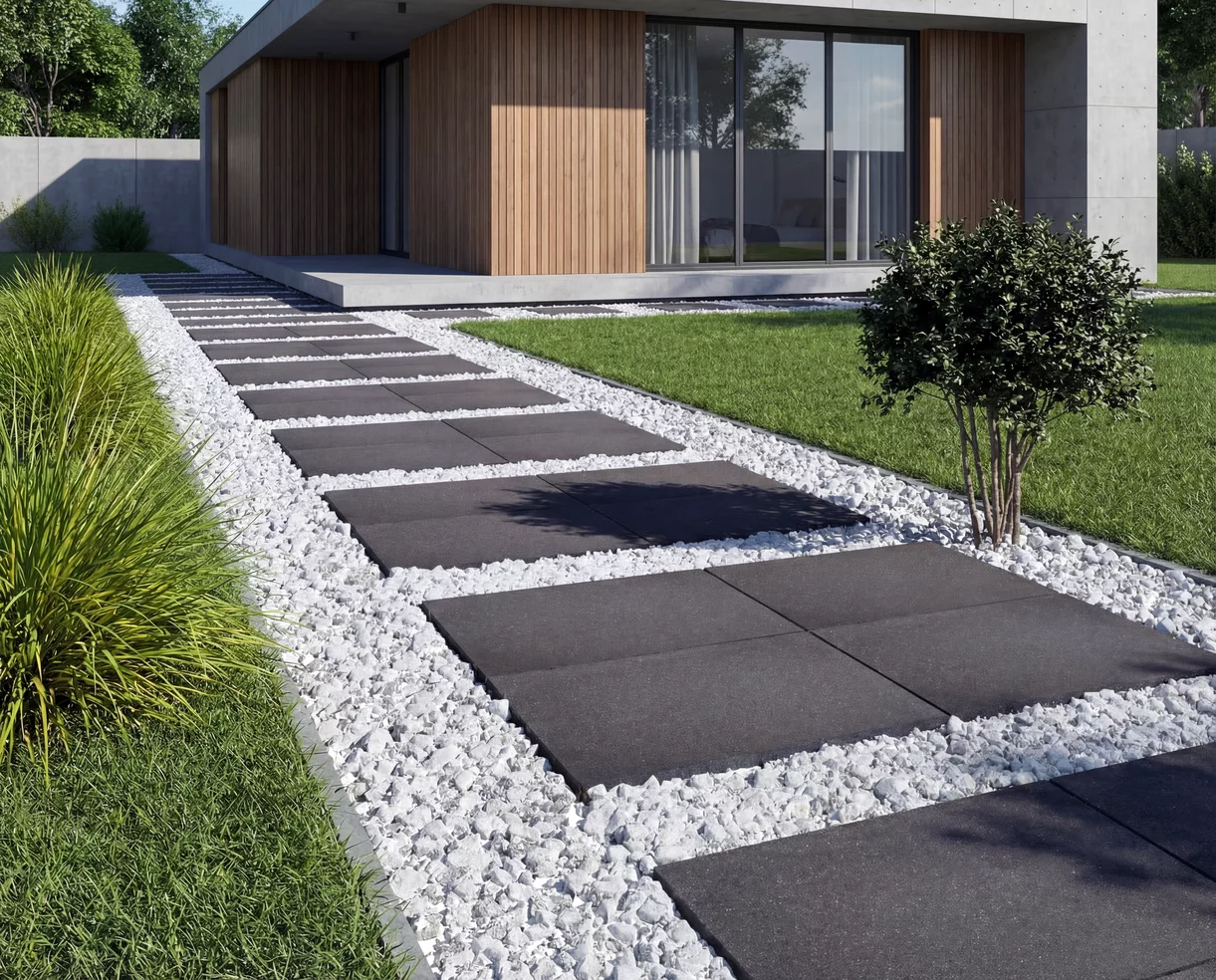 Wizualizacja geometrycznej ścieżki z ciemnych płyt Lamell Top Raven ułożonych pośród białego kruszywa
